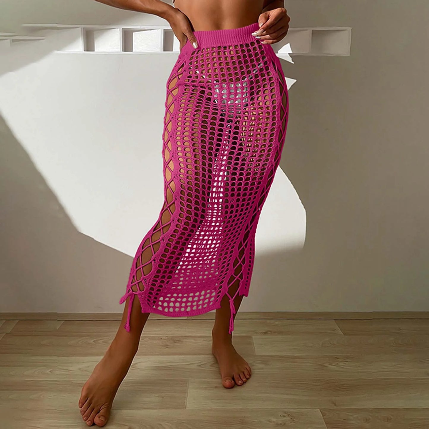 Summer Vacation Beach Cover Ups Women Crochet Knitting Skirts Sunscreen Solid Color High Waist Bodycon Hollow Out Long Skirt