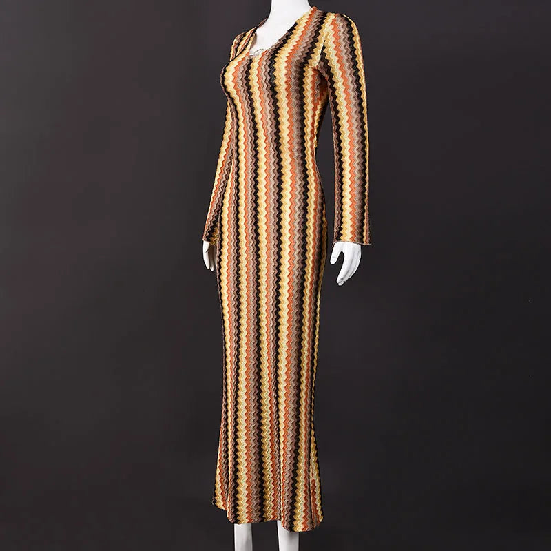 Autumn Colorful Striped Printed Dress Beach Wrap Hip Long Sleeve Party Dress Sexy Lady V Neck High Waist Slim Holiday Dress