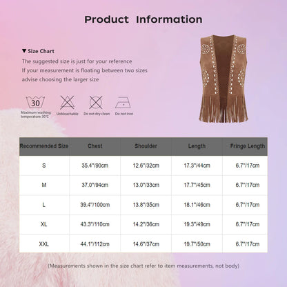 Womens Western Cowgirl Hippy Cosplay Costume Vintage Hollow Out Tassel Tank Tops Fringe Vest 70s Disco Faux Suede Waistcoat