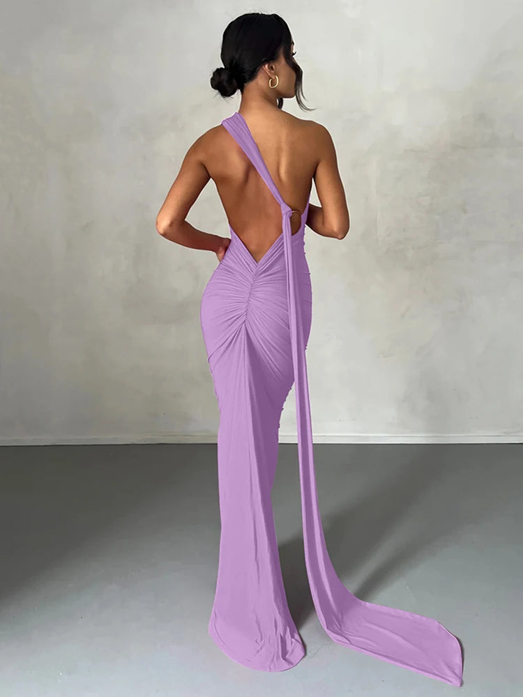 Hugcitar One Shoulder Backless Adjustable Scarf Loop Ruched Sexy Maxi Dress 2025 Women Elegant Y2K Streetwear Festival Outfit