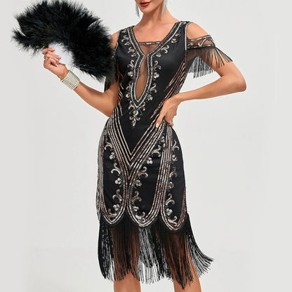 1920s Vintage Flapper Great Gatsby Party Dress V-neck Sleeveless Sequin Beaded Style Style Tassel Flapper Vestidos Feminina 1920