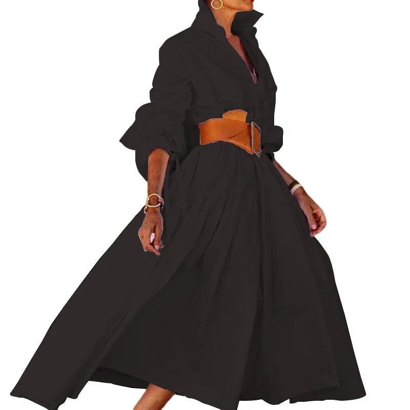 2024 Autumn New Women's Clothing Solid Color Fashionable Temperament Long Sleeved Sleeve Lace Up Casual Mid Length Lapel Dress