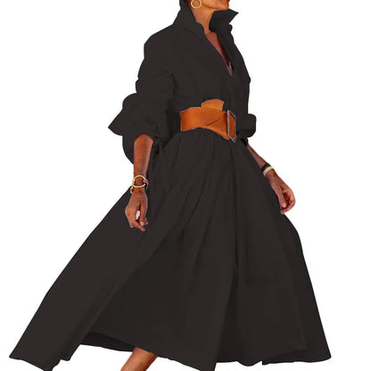 2024 Autumn New Women's Clothing Solid Color Fashionable Temperament Long Sleeved Sleeve Lace Up Casual Mid Length Lapel Dress