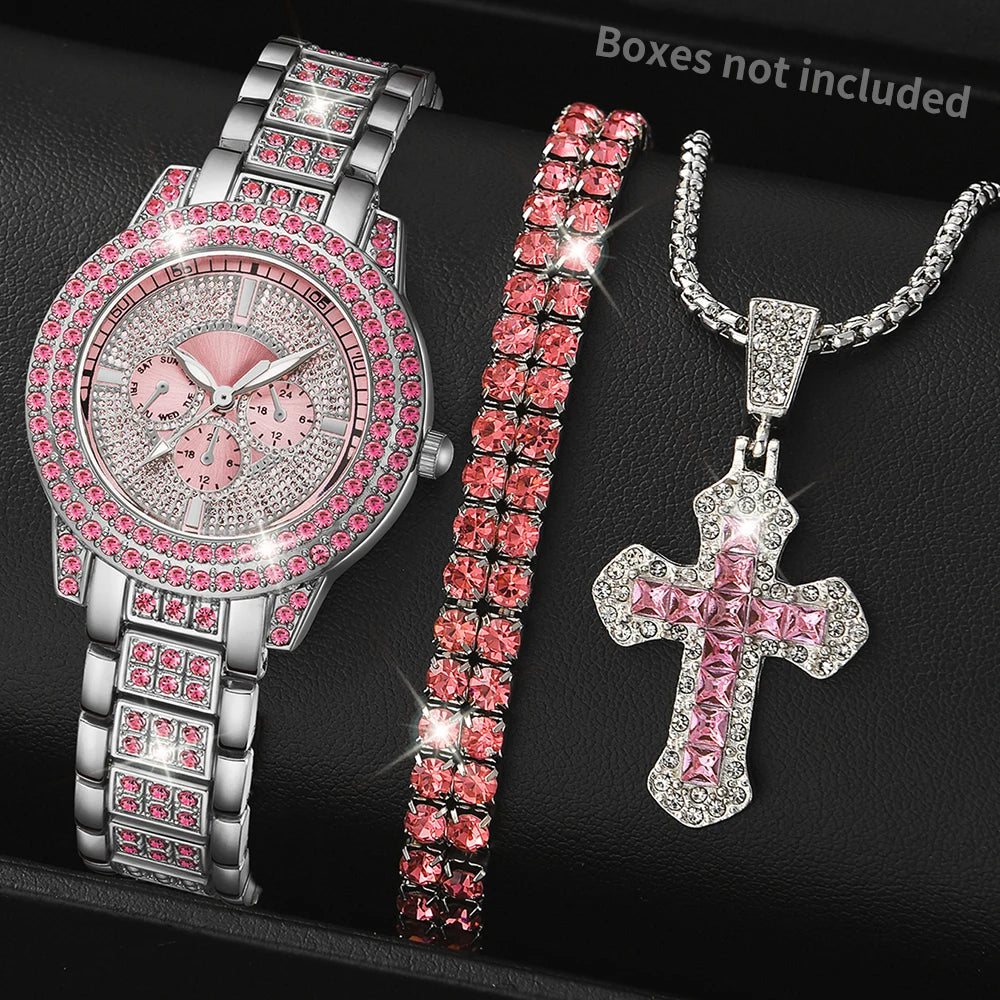 Pink Watch Women's Bracelet Necklace Jewelry Set Elegant Fashion Watch Women's Casual Watch Bracelet Set Clock (No Box)