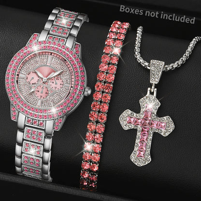 Pink Watch Women's Bracelet Necklace Jewelry Set Elegant Fashion Watch Women's Casual Watch Bracelet Set Clock (No Box)