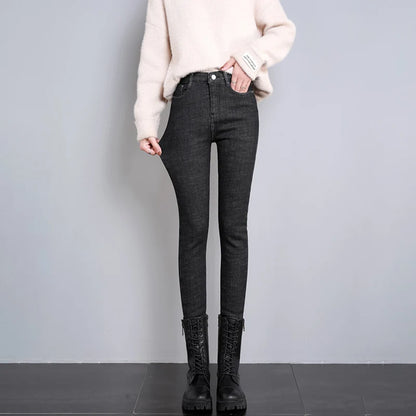 New Winter Women Snow Thermal Fleece Skinny Jeans Casual Lady Warm Velvet Thick Pencil Pants Female Basic Fleece Denim Trousers