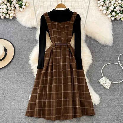 High Quality Fall Winter Women Sweater Overalls Dress Sets Casual Knitted Tops +Plaid Woolen Dress 2 Piece Sets Outfits Female