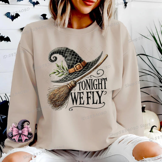 EtherealBe Halloween witch hat sweatshirt for women with a whimsical design featuring a witch hat and broom