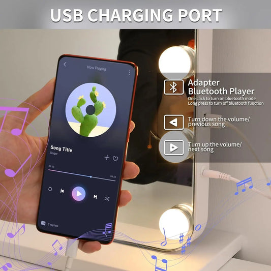 Hollywood Make-Up Mirror with Lighting 20 LED,Bluetooth Player, 80x60cm Large Cosmetic Mirror with 3 Dimmer Light ,USB,Touch