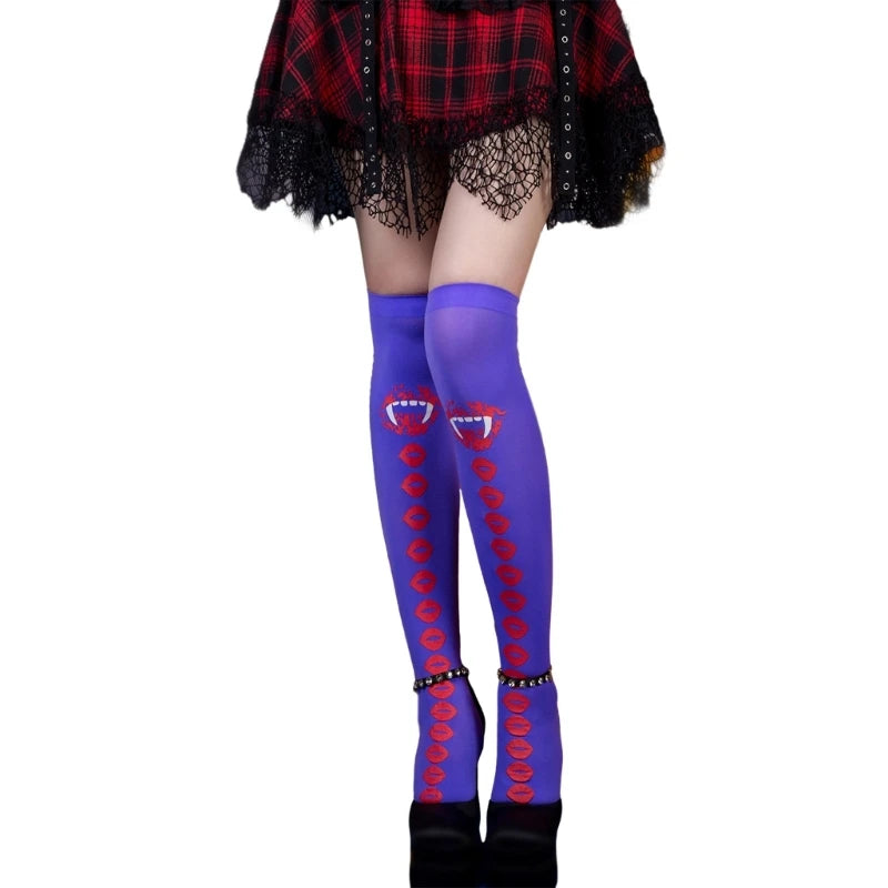 Purple and black two-toned Halloween tights for women featuring playful vampire designs.
