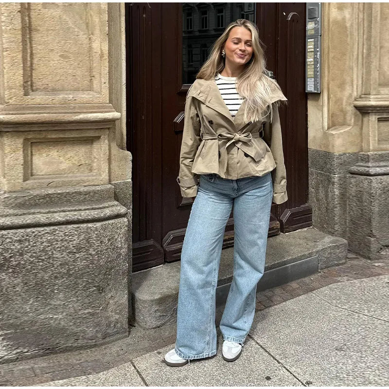 Belted Waist Cropped Trench Double Breasted Stand Collar 2025 Autumn Chic Elegant Women Coat Casual Vintage Office Lady Jacket