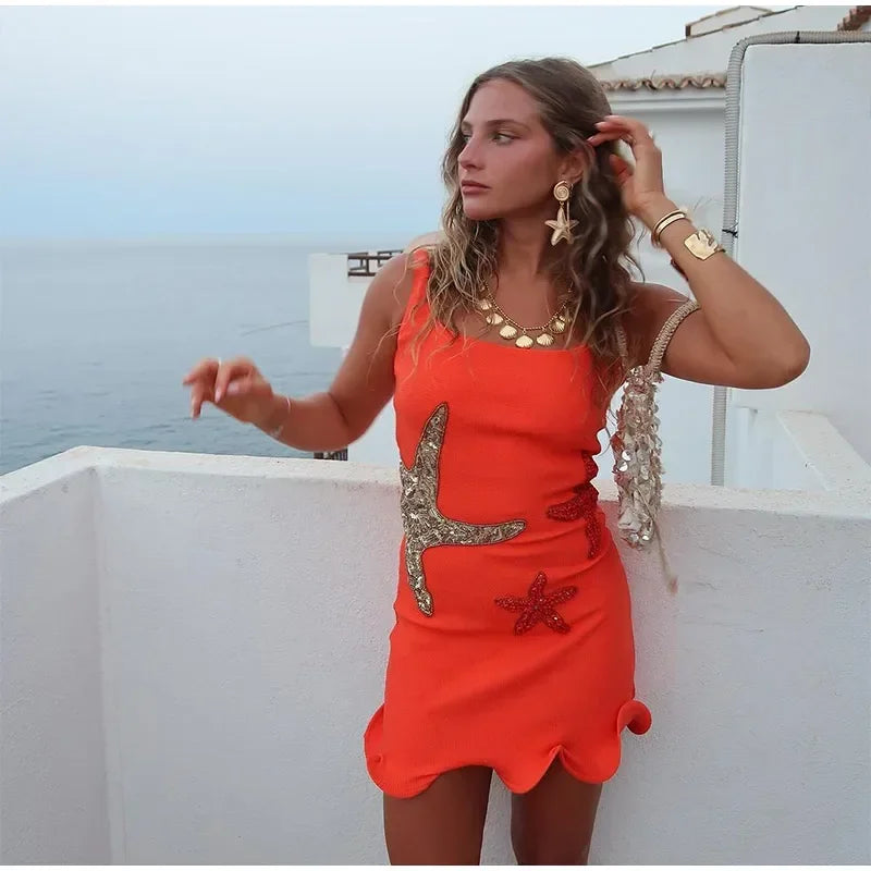 Prined Casual Women Star Mini Dress Fashion Sling Sleeveless Backless Pleat High Waist Robe 2025 New Female Beach Vacation Wear