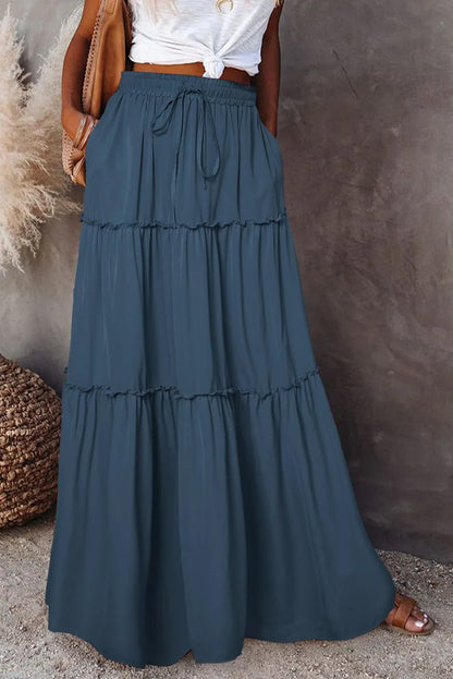 Women's Spring  Autumn New Long Skirt Solid Color Fashionable Mushroom Layered Skirt High Waist Elastic Ruffle Skirt