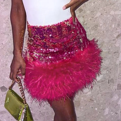 Mini Skirt For Hot Girl Women'S High Waist Sequin Feather Patchwork Wrap Hip Bodycon Mini Skirt Party Club Skirts With Zipper