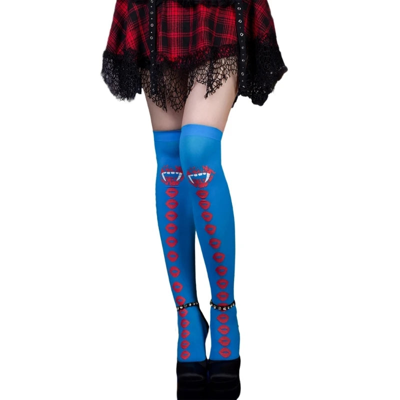 EtherealBe two-toned Halloween tights for women with blue and red vampire design