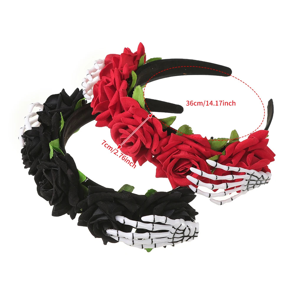 EtherealBe Halloween skeleton hand headband adorned with red and black roses for spooky celebrations