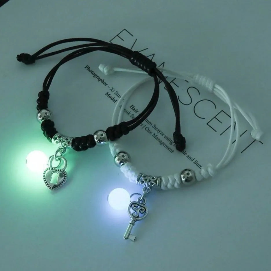 Fashion Luminous Beads Star Couple Bracelets For Women Men Charm Cat Flower Heart Key Lock Cross Matching Bracelets Bff Jewelry