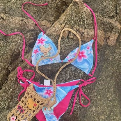 Kawaii Japanese Hello Kitty Girls Split Strap Summer Bikini Seaside Fashion Resort Swimsuit Leopard Print Cartoon Dopamine Swim