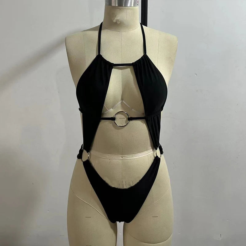 BEACHCICI Women's Bikini One Piece Summer Sexy Solid Halterneck Lace Up Cutout Metal Ring Slim Backless Beach Holiday Swimsuit