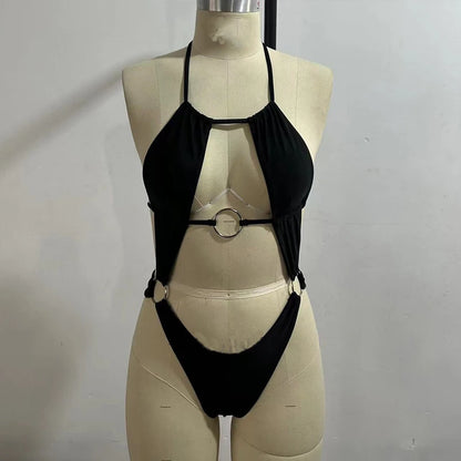 BEACHCICI Women's Bikini One Piece Summer Sexy Solid Halterneck Lace Up Cutout Metal Ring Slim Backless Beach Holiday Swimsuit