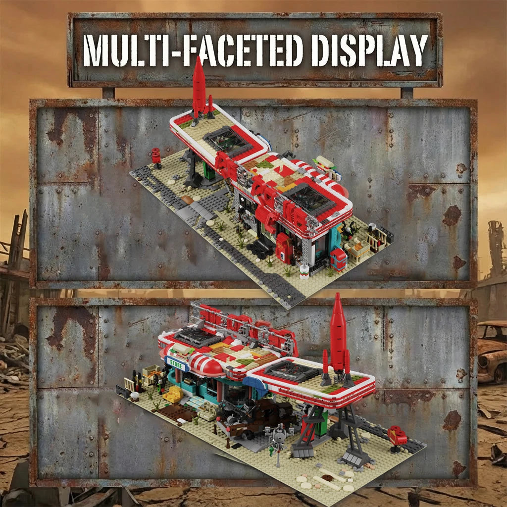 Movie Game Red Abandoned Gas Station Architecture Doomsday MOC House Modular Building Blocks Model Kit Adult Kid Gift 2221PCS