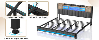 Queen Bed Frame with Storage Bookcase Headboard & LED Lights,Upholstered Bed Frame with USBCharging Station,No Box Spring Needed
