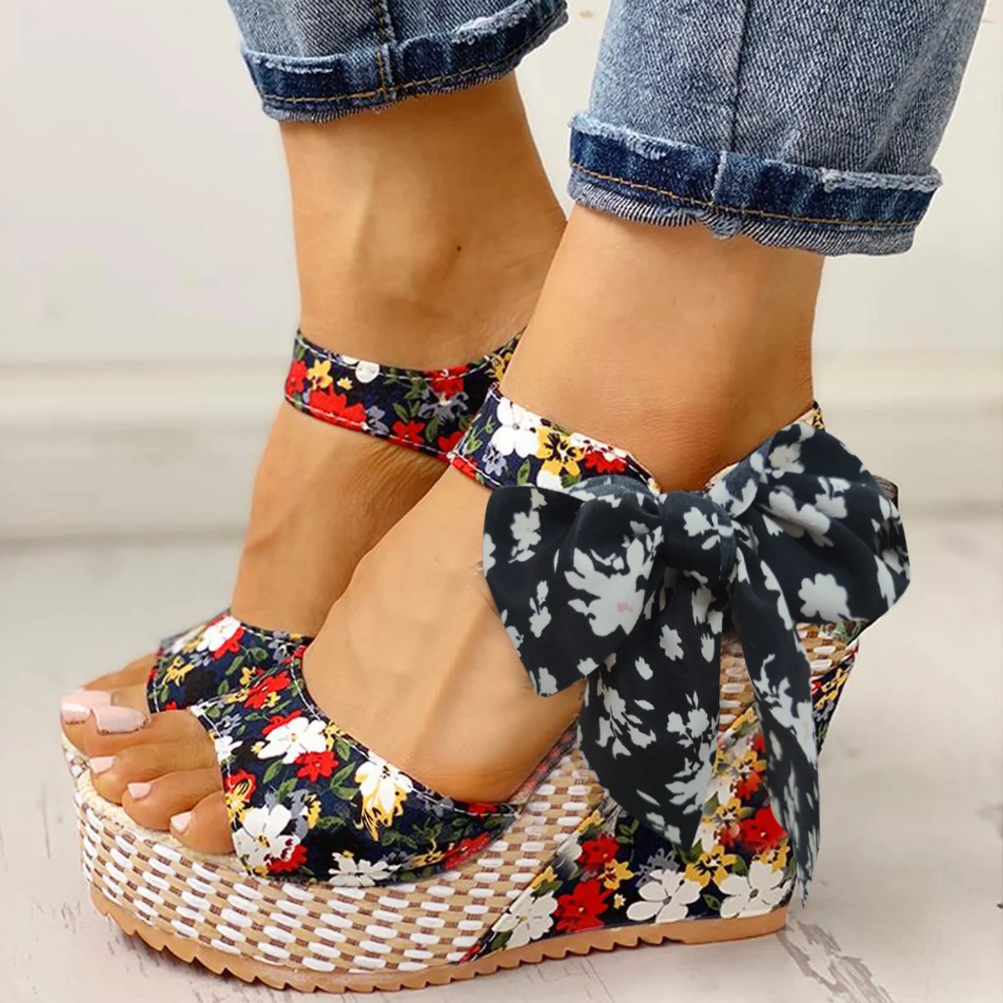 Heel Footwear Ladies Shoes Platform Floral Women's Lace-up Wedges Comfy Wedge Sandals For Women Dressy Sandals For Women