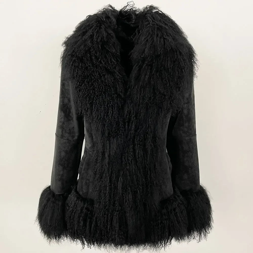 Autumn Winter Women Coat Real Natural Mongolia Sheep Fur Turn-down Collar New Fashion Jacket Thick Warm Casual Overwear
