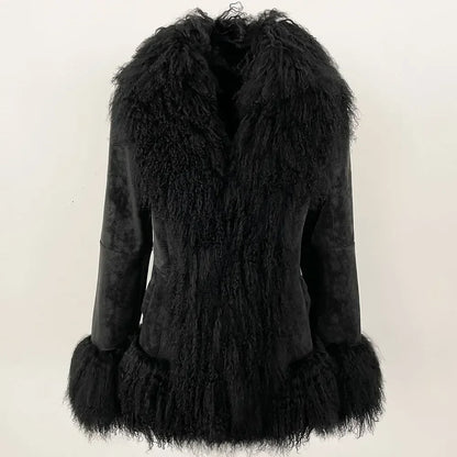 Autumn Winter Women Coat Real Natural Mongolia Sheep Fur Turn-down Collar New Fashion Jacket Thick Warm Casual Overwear
