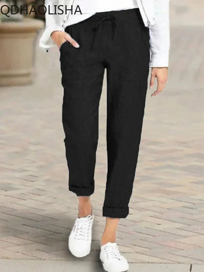 Women's Pants New In Korean Fashion Commuter High Waist Women Clothes Cotton Lace-up Pencil Wide Trousers Streetwear Black Pants