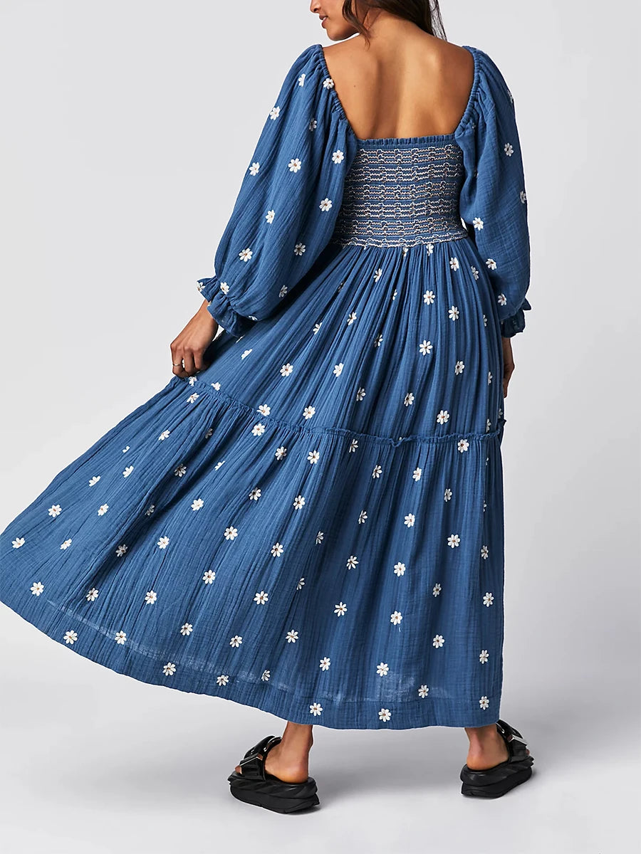 Casual Ladies Floral Print 3/4 Sleeve Loose Dress Summer Square Neck Long Dress Bohemian Women's A-Line Sundress 2023 Streetwear