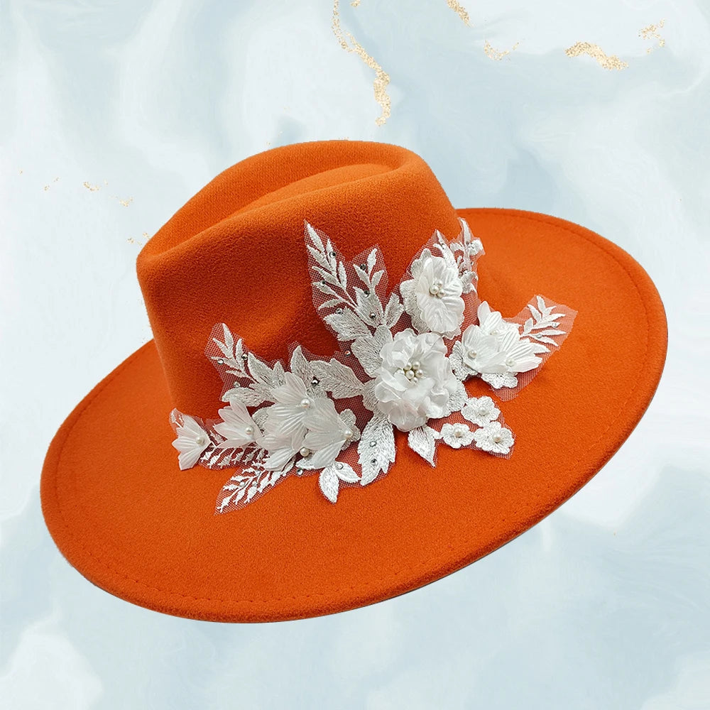 Embroidered three-dimensional flower fedora hat Women's jazz top hat Spring and autumn panama church fashion elegant wedding Hat