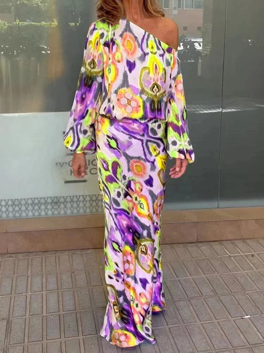 Autumn Casual Loose Print Two-piece Women Off Shoulder T-shirt Asymmetrical Long Sleeved Top And Half Body Fishtail Skirt Set