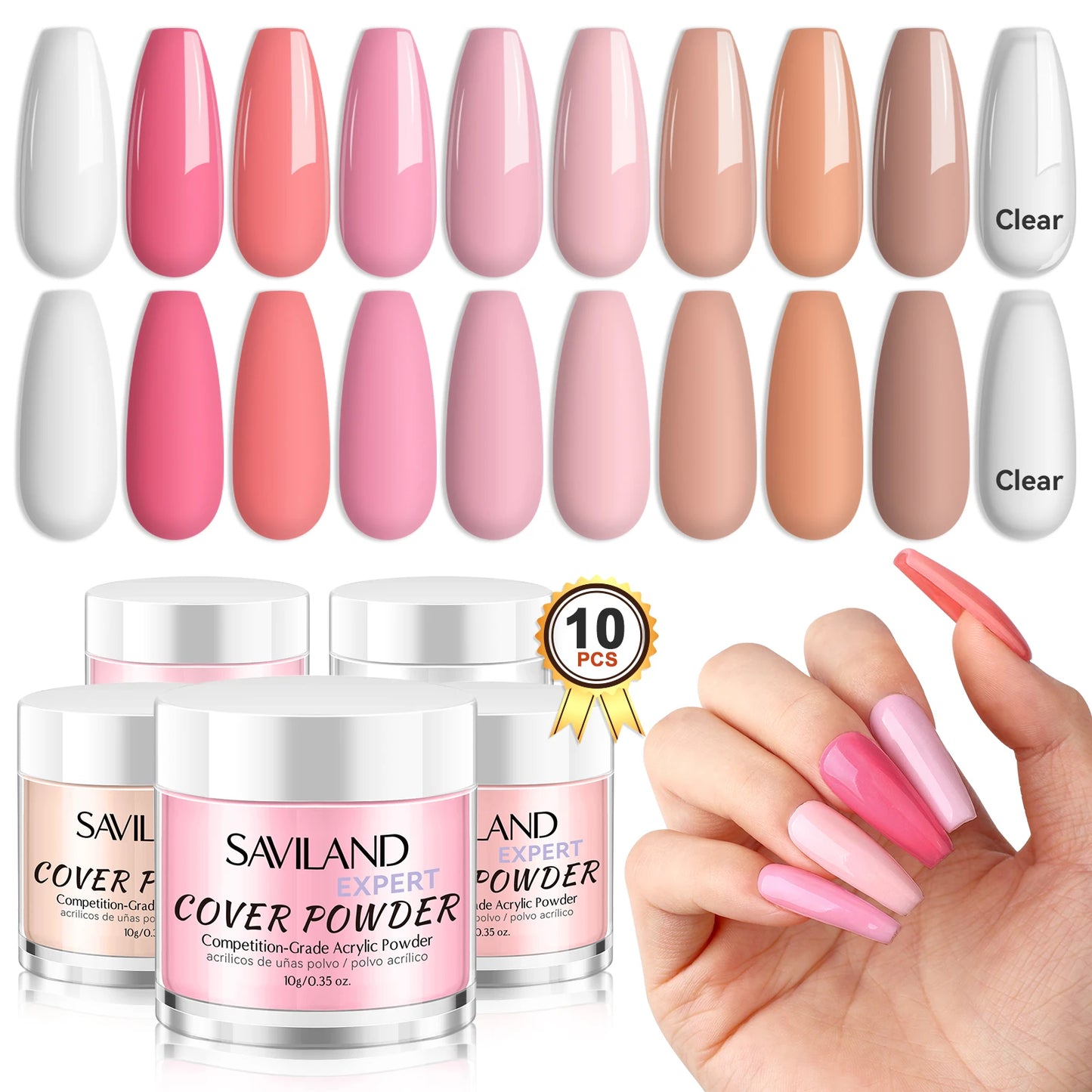 Saviland Professional Acrylic Powder Set 10g x 10 Clear Nudes Pink Ultra Fine Keratin Formula Quick Dry for Salon Nail Art