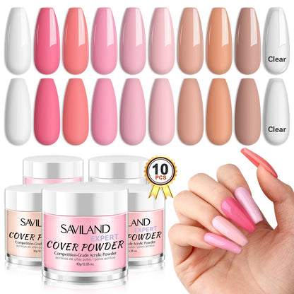 Saviland Professional Acrylic Powder Set 10g x 10 Clear Nudes Pink Ultra Fine Keratin Formula Quick Dry for Salon Nail Art