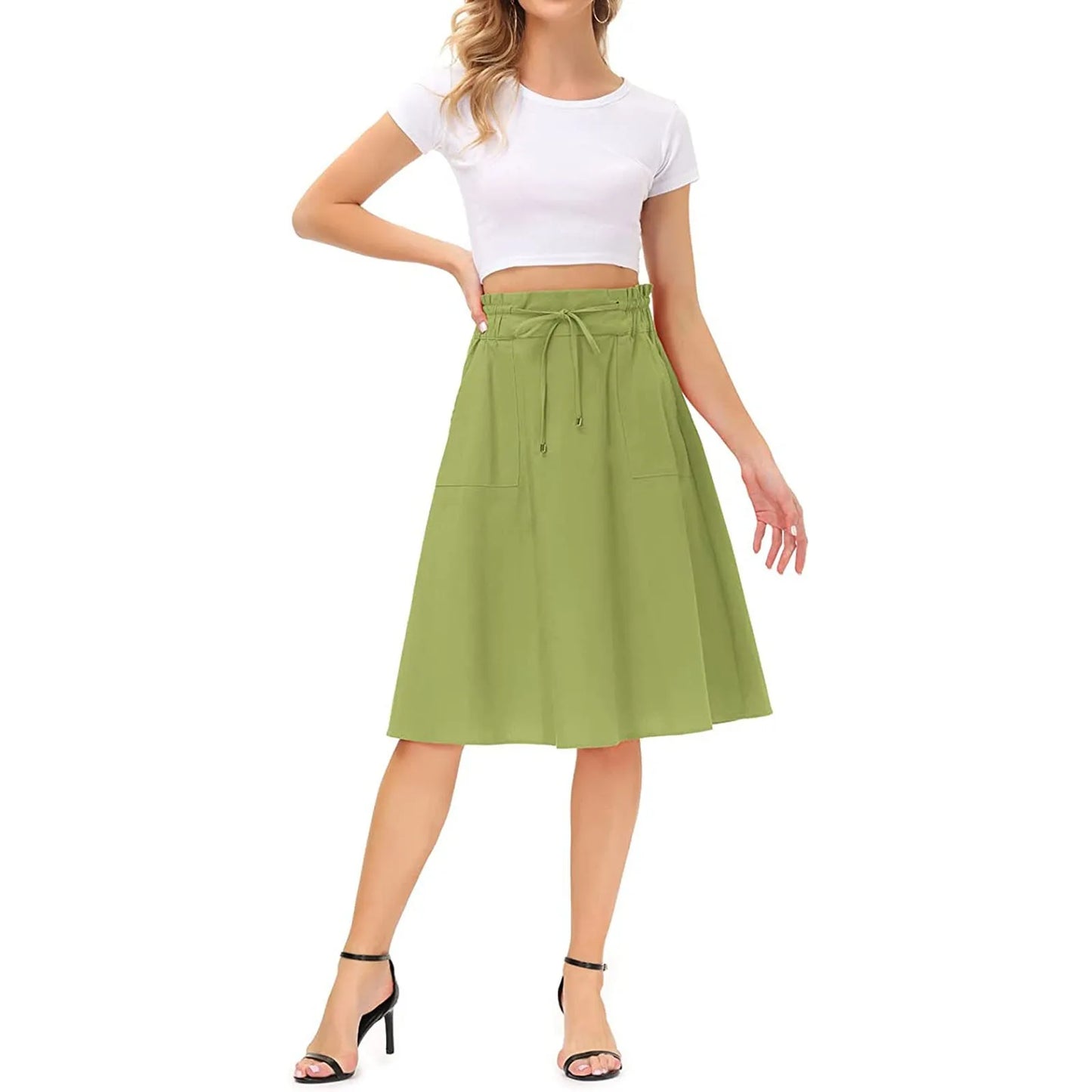 Summer Knee Length Boho Skirt Women Drawstring Ruffled High Waist Lace Up Solid Color A-Line Skirt Pockets Pleated Skirt