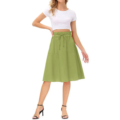 Summer Knee Length Boho Skirt Women Drawstring Ruffled High Waist Lace Up Solid Color A-Line Skirt Pockets Pleated Skirt