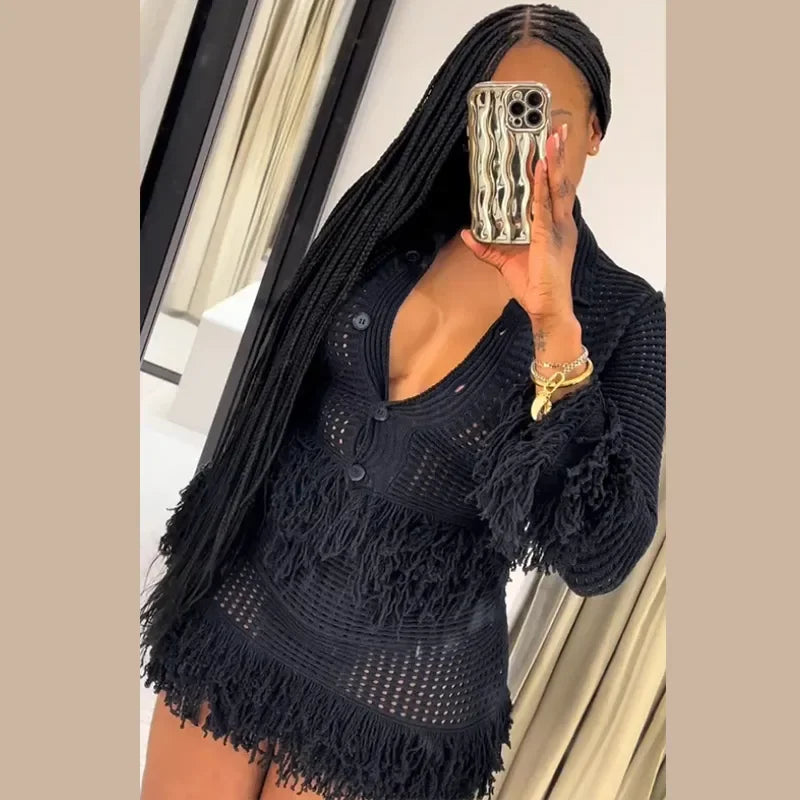Sexy Knitted Tassel Top Skirt Women Set Dark Blue Long Sleeve Lapel Button Tops Pleated Mini Skirts 2025 Fashion Solid Lady Suit