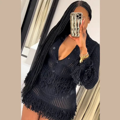 Sexy Knitted Tassel Top Skirt Women Set Dark Blue Long Sleeve Lapel Button Tops Pleated Mini Skirts 2025 Fashion Solid Lady Suit