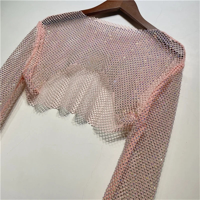 Women Colorful Rhinestones Long Sleeve Crop Top Sparkly Glitter Drill Shawls Shrug See Through Fishnet Cover Up Clubwear