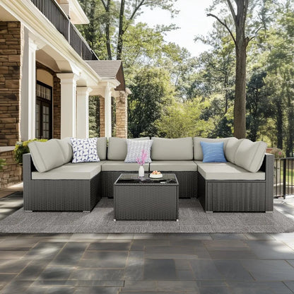 7 Pieces Patio Furniture Set - Outdoor Sectional Wicker Rattan Furniture with Cushion and Glass Table Patio Poolside Backyard