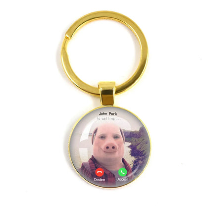 New John Pork Is Calling Answer Call Phone Humor Funny Pig Lover Graphic Meme Glass Dome Pendant Cabochon Keychain Jewelry Gifts
