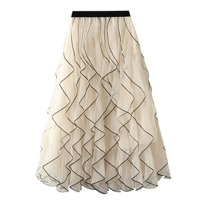 Autumn New Wave Pattern Fairy Mesh Ruffle Skirt High Waist A-Line Large Swing Long Skirt Women'S Half Body Skirt Ropa Para Mujer