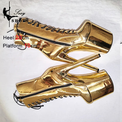 New Gold Shoes for Women 2025 Platform Heels Pole Dance Stripper 20cm/8Inch Sexy Ankle Boots Round ToeThin Heels Ladies Shoes