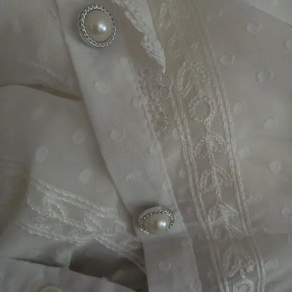 Spring Fashion  Long Sleeve Loose Button Women Shirt Elegant Stand Collar Pleated Tops Casual Ruffle Lace Blouse Blusas 15832