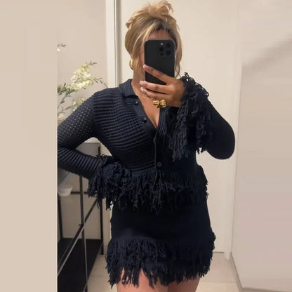 Sexy Knitted Tassel Top Skirt Women Set Dark Blue Long Sleeve Lapel Button Tops Pleated Mini Skirts 2025 Fashion Solid Lady Suit