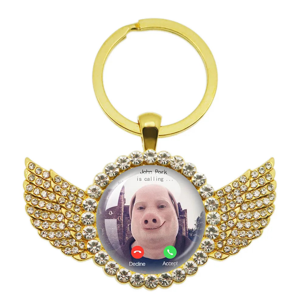 New John Pork Is Calling Answer Call Phone Humor Funny Pig Lover Graphic Meme Glass Dome Pendant Cabochon Keychain Jewelry Gifts