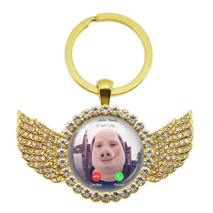 New John Pork Is Calling Answer Call Phone Humor Funny Pig Lover Graphic Meme Glass Dome Pendant Cabochon Keychain Jewelry Gifts