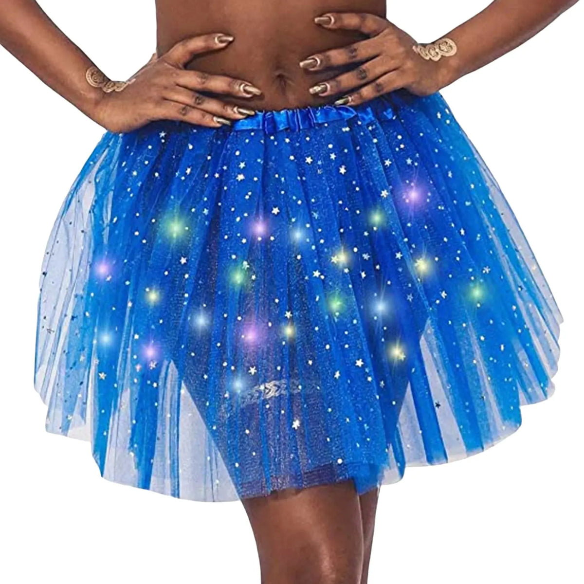 LED Halloween tutu skirt for women in blue with colorful lights and star patterns for festive celebrations