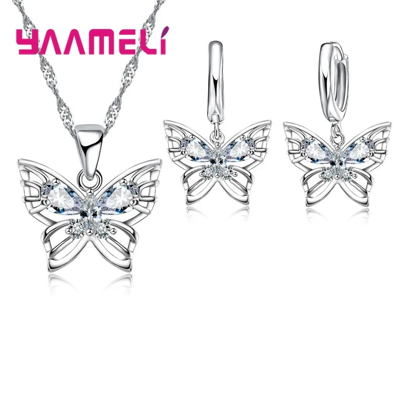 New Fashion 925 Sterling Silver Color Jewelry Sets Shining Austrian Crystal Inlaid Butterfly Wedding Pendant Necklace Earrings